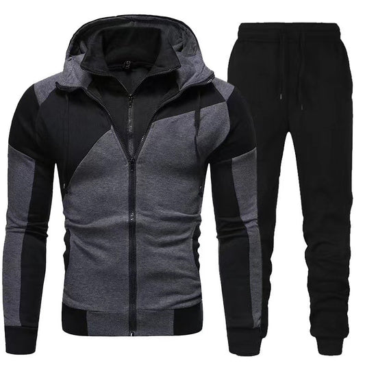 Men's fashionable color block stand collar hooded trendy sports suit