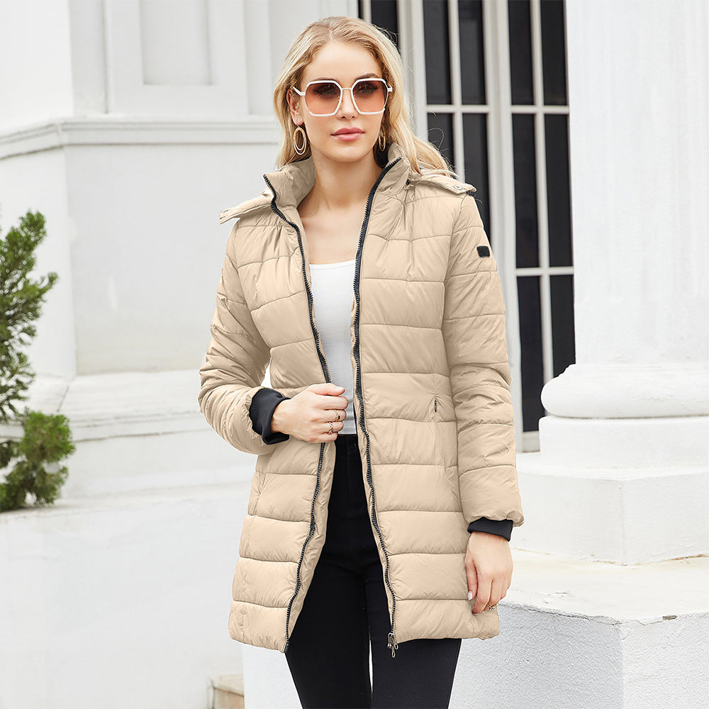 Women's mid-length slim-fit solid color warm hooded cotton coat