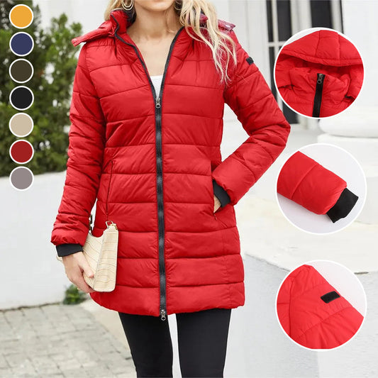 Women's mid-length slim-fit solid color warm hooded cotton coat