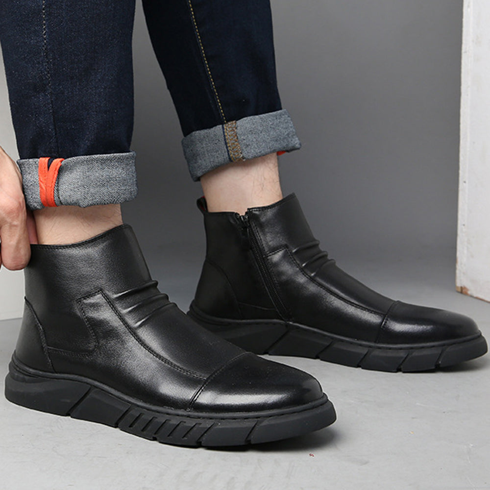 New Men's Side Zip Leather High Top Chelsea Boots Fleece Short Boots
