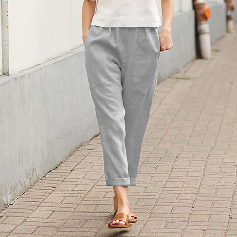 New large solid color comfortable cotton and linen casual straight pants