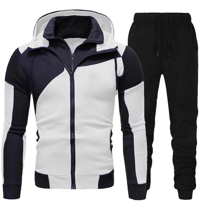 Men's fashionable color block stand collar hooded trendy sports suit
