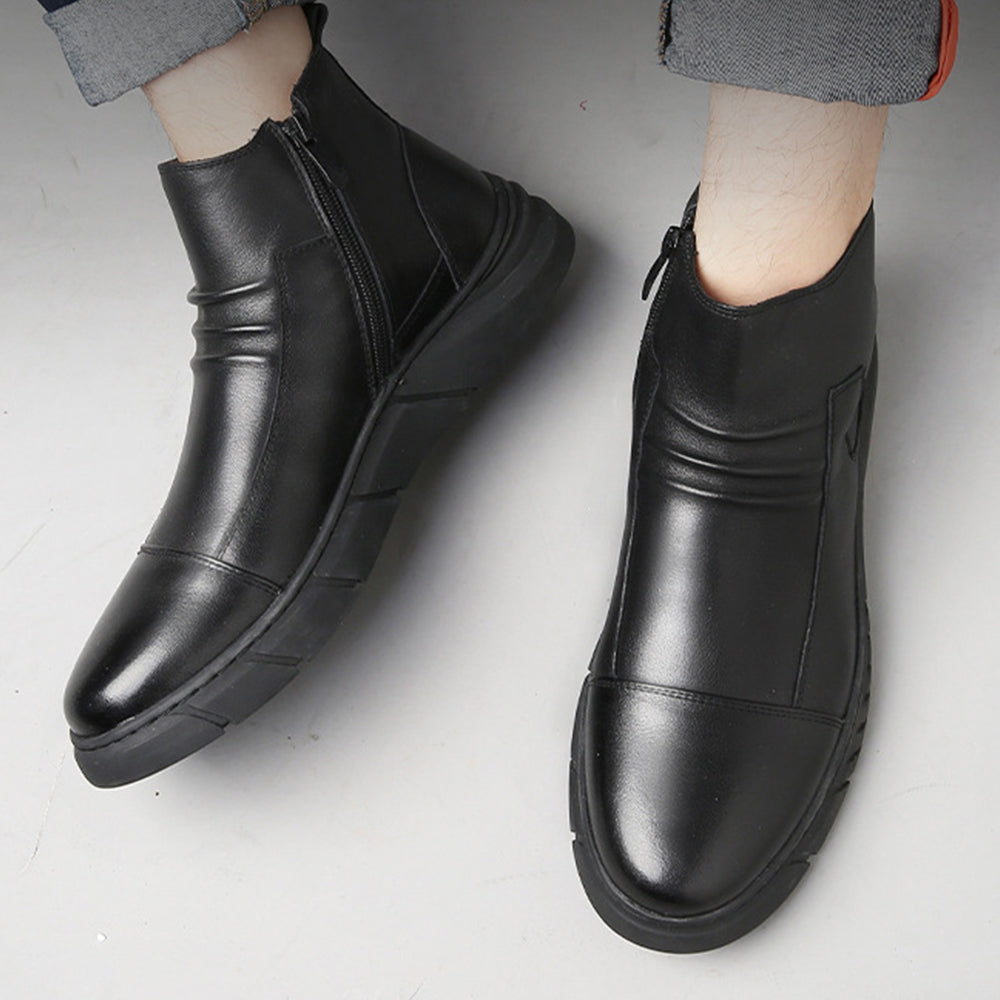 New Men's Side Zip Leather High Top Chelsea Boots Fleece Short Boots