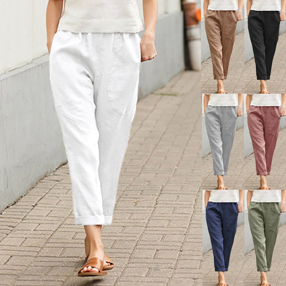 New large solid color comfortable cotton and linen casual straight pants